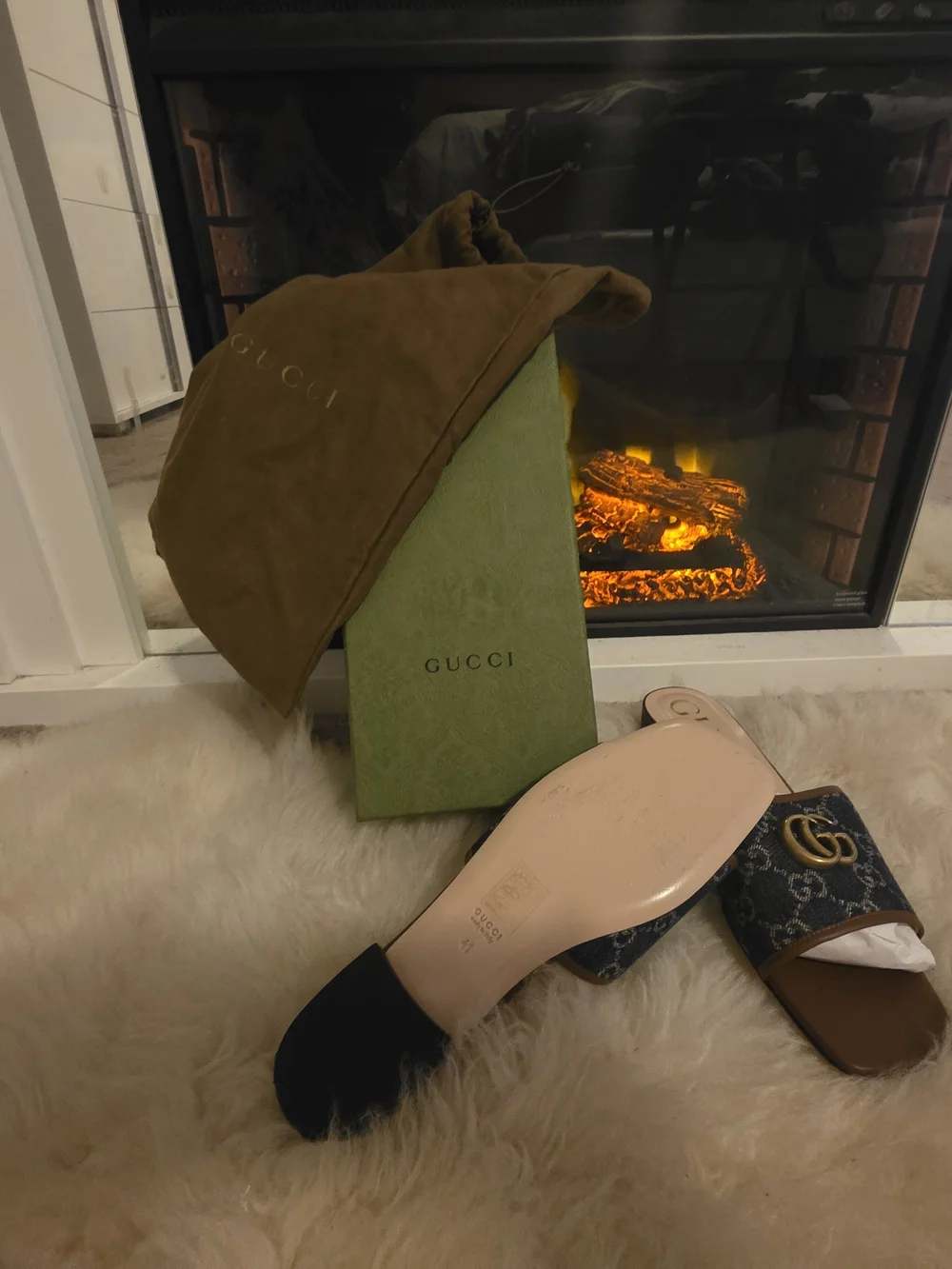 Gucci Brown Leather & Blue Monogram GG Slide Sandals with Gold Hardware